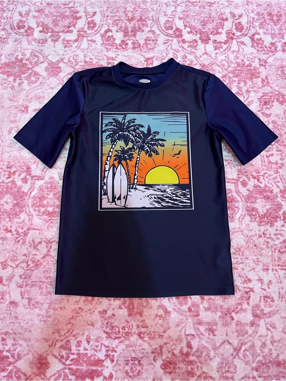 Old Navy Boys Navy Rash Guard with Sunset Palm Graphic
